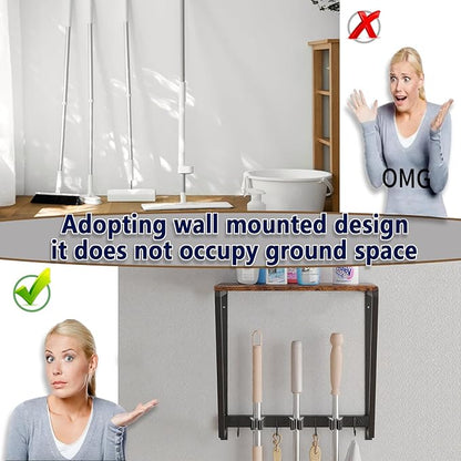 Wall-mounted broom and mop storage rack, equipped with mop, broom hanger and grab hooks for cleaning supplies, suitable for kitchens, laundry rooms, garages, utility rooms, closets, etc.