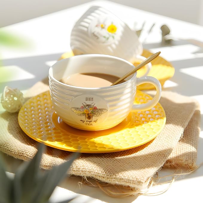 Porcelain Tea Cups and Saucers Set of 2, Honey Bee Pattern Ceramic Tea Cup - Image 2