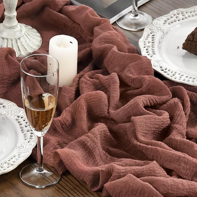 Artoid Mode Boho Cheesecloth Gauze Dusty Rose Wedding Table Runner, 120 Inch - Image 5