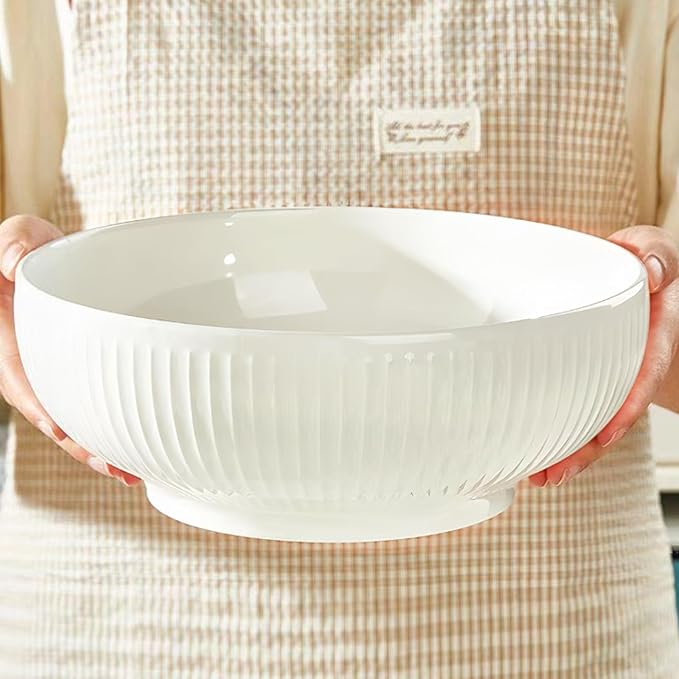 Set of 2 Serving Bowls- 9inch Extra Large Salad Bowls -Porcelain White Serving - Image 5