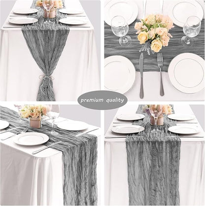 12 Pack 10Ft Cheesecloth Boho Gauze Table Runner - 35x120 Inch Rustic Cheese Cloth Long Table Runner for Wedding, Bridal Shower, Birthday Party Decor (Gray)