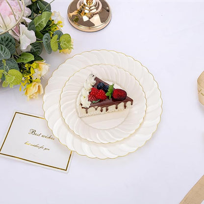 U-QE 100 Piece Ivory Scalloped Plastic Plates for Party with Gold Rim - Plastic Party Plates Disposable Heavy Duty - High End Disposable Plates Include 50pcs Dinner Plates 9"&50pcs Dessert Plates 6.5"