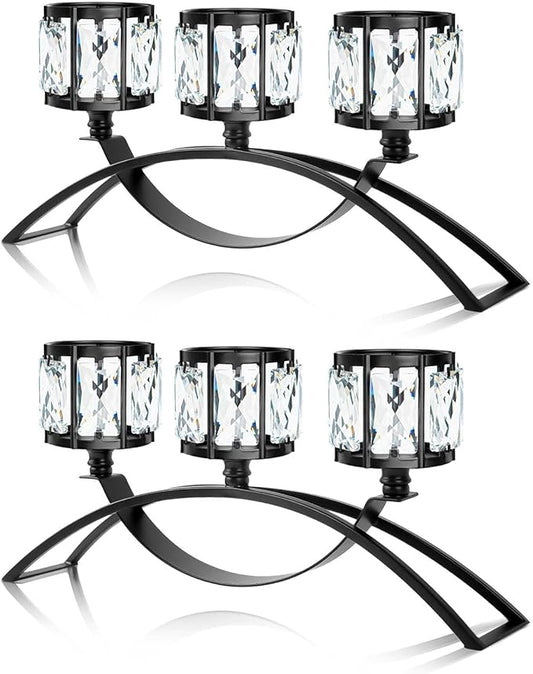 3 Arms Crystal Candle Holders, Arch Candlestick Table Candelabras Centerpieces for Wedding, Dinning Room, Cabinet Ornaments, Home Decoration， Gift (Black, 2 Pcs-3 Arm Arched)