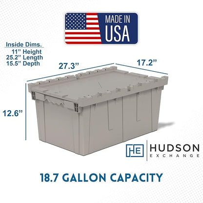 Hudson Exchange 27.3 x 17.2 x 12.6 (3 Pack) Storage Tote Distribution Container with Hinged Attached Lid, Gray/Brown