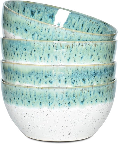 Bosmarlin Stoneware Soup Bowl Set of 4, 26 Oz, Cereal Bowl for Oatmeal, Dishwasher and Microwave Safe, Reactive Glaze (Turquoise Green, 6 in)