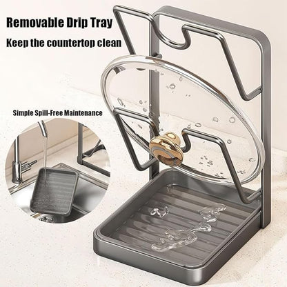Kitchen Pot Lid Storage Rack, Stainless Steel Pot Lid Holder While Cooking for Countertop, Multifunctional Pots Lids Organizer Rack with Removable Drip Tray for Spatulas, Ladles & Large Lids(Gray)