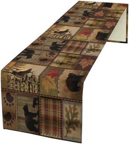 Rustic Moose Deer Bear Table Runner, Retro Vintage Bear Cottage Country Style by SXXLDNG