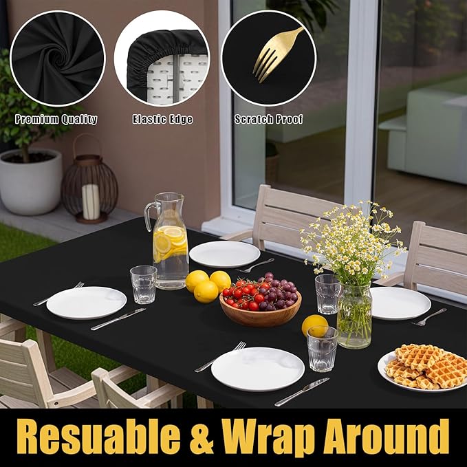 Smiry Rectangle Picnic Table Cloth, Waterproof Elastic Fitted Tablecloths for 5 Foot Tables, Washable Polyester Table Cover for Camping, Outdoor and Indoor (Black, 30"x60")