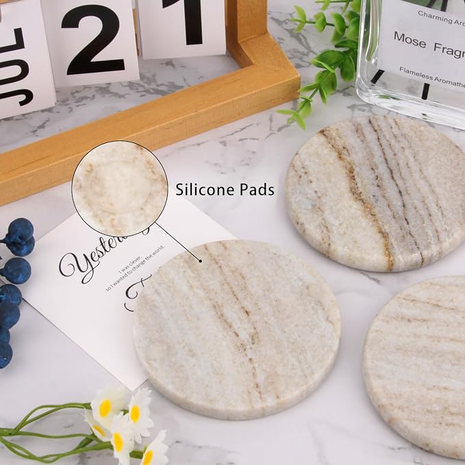 Natural Marble Coasters Set of 4, 4 inch Round, Viva Jade | Stone Coasters - Image 5