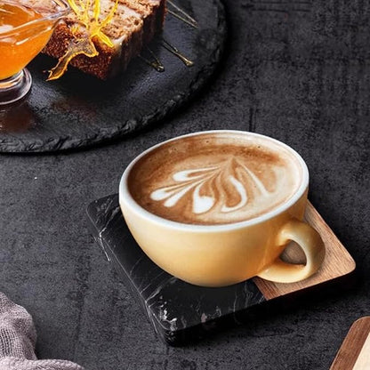 I-LAN 4 Pack Acacia Wood and Black Marble Style Coasters, 4x4 Inch Square Modern Drink Coasters Set, Decorative Mixed Material Coasters for Coffee Table, Bar, and Housewarming Gift