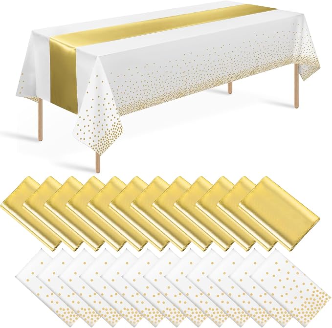 24 Pack White and Gold Tablecloth and Table Runner Set Party Decorations by Zachely