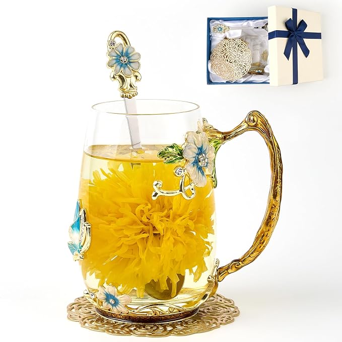 Flower Tea Cup, Butterfly Daisy Glass Fancy Coffee Mug by Unknown
