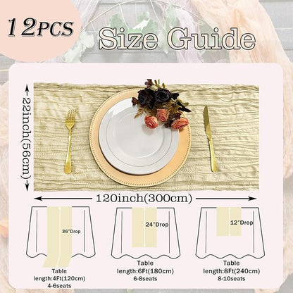 12 Pack Beige Cheesecloth Table Runner 22x120 Inch-Naturally Dyed Colors Sheer Gauze Ivory Cheese Cloth Wedding Table Runner,Rustic Boho Crinkle Fabric, Reception, Bridal Shower,Farmhouse Dining Decor
