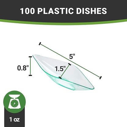 Restaurantware 1 Ounce Dipping Sauce Bowls 100 Disposable Dipping Sauce Dishes - Canoe Shaped Unique Design Seagreen Plastic Small Dishes For Dips Appetizers Desserts Or Samples