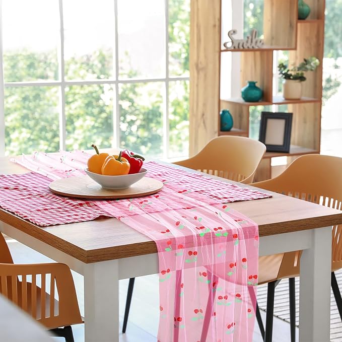 4 Pcs Cherry Table Runner 29 x 70 inch Pink Glitter Tulle Lace Cloth Rectangle - Image 4
