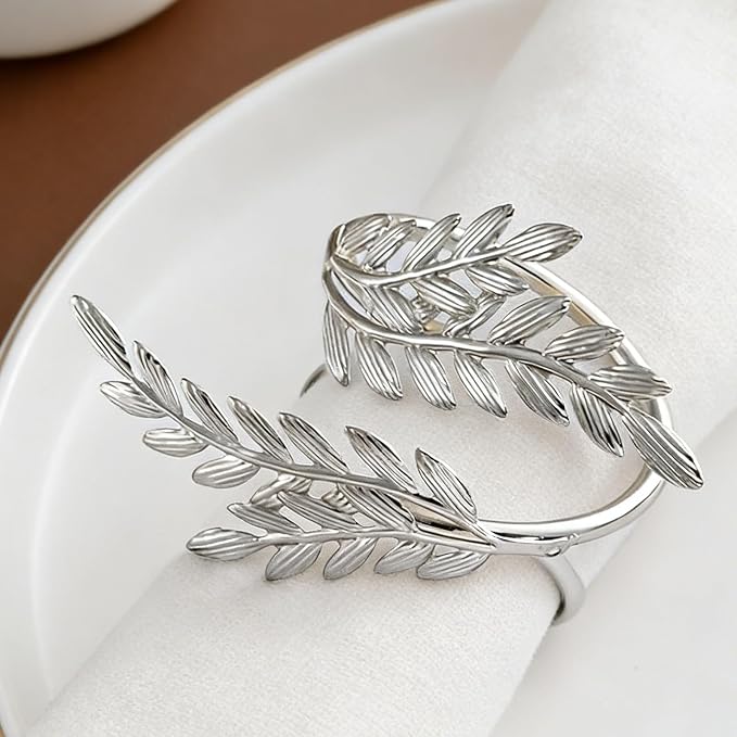 12pcs Silver Leaves Napkin Rings Set of 12, Leaf Shaped Metal Cloth Napkin - Image 4