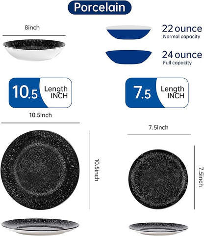 Bestone 12-Piece Round Porcelain Dinnerware Set, Service for 4, Chip Resistant Plates and Bowls,Black, Dishwasher & Microwave Safe for Home Daily Use