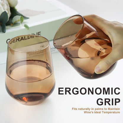 Brown Stemless Wine Glasses Set of 6, 15oz Drinking Glassware Dishwasher Safe, Wine Glass Tumblers for Red or White, Gift for Party, Holiday, Anniversary, Restaurant, Home Bar, Daily Use