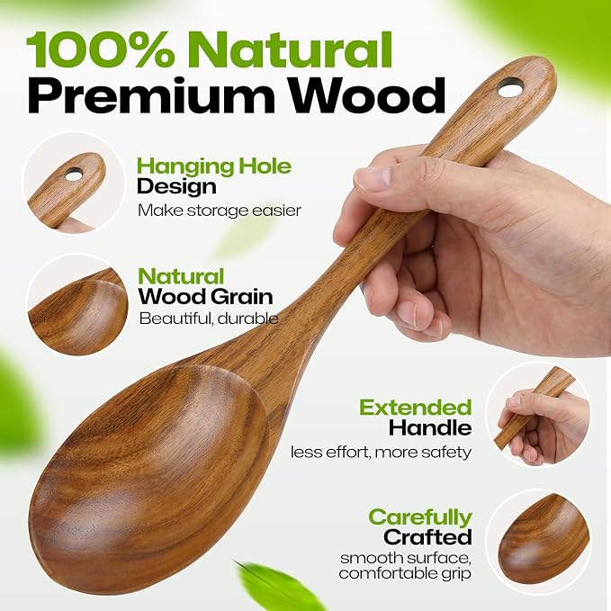 Teak Wooden Salad Spoon, Durable Wooden Serving Spoon, Nonstick-Safe Wooden - Image 4