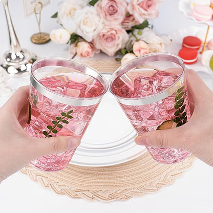 BESTVIP 12oz Silver Plastic Cups, 100 Pack Silver Rimmed Disposable Cups, Heavy-duty Party Cocktail Glasses for Christmas, Plastic Cups for Party, Holiday, Wedding and Birthday