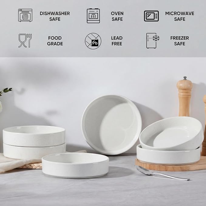 E-far Pasta Bowls Set of 6, 35 oz Large Stoneware Bowl Plates | Shallow & Wide - Image 7