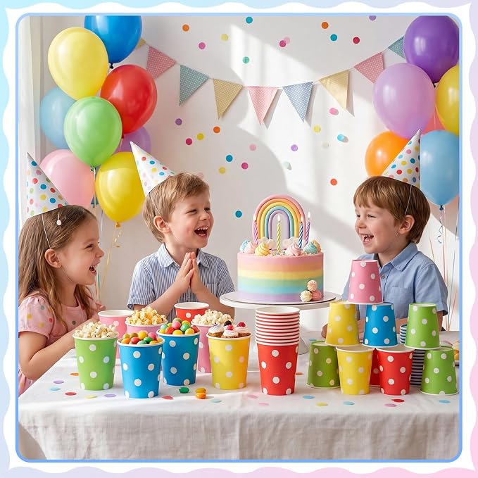 NatNarr 100 Pack Rainbow Polka Dots Paper Cups, 9oz Colored Party Cup | - Image 5
