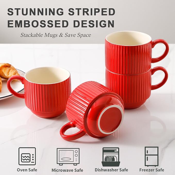 HASENSE Red Coffee Mugs, 15 oz Stackable Coffee Cups Set of 4 - Image 4