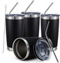 COMOOO 20oz Black Tumbler 4 Pack Stainless Steel Insulated Travel Mug with Lid and Straw Vacuum Double Wall Coffee Cup for Hot Beverage and Cold Drinks(Black, 4 Pack)