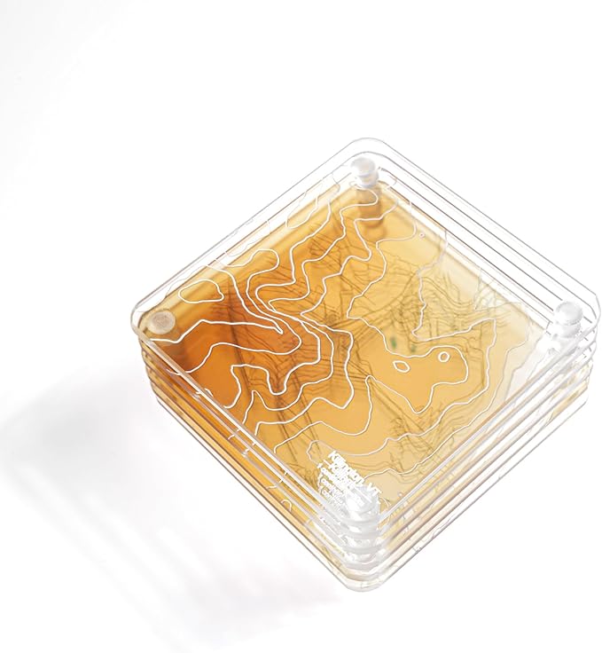 Killington, VT 3D Contour Map Glass Drink Coasters of Mountains, Ski Resort, Set of 6 with Holder, Housewarming Birthday Gifts, Home Décor
