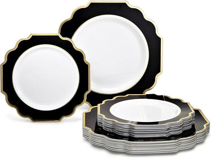 " OCCASIONS " 240 Plates Pack,(120 Guests) Heavyweight Wedding Party Disposable Plastic Plates Set -120 x 10.5'' Dinner + 120 x 8'' Salad / Dessert (Imperial in Black & Gold)