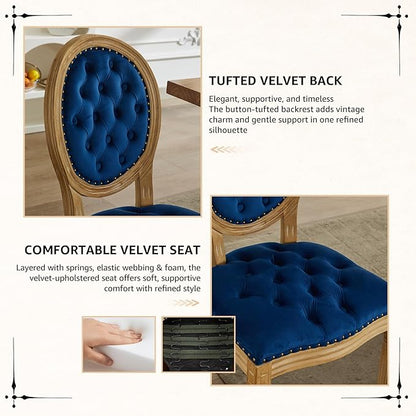 Vintage French Dining Chairs Set of 4, Round Back Velvet Upholstered Accent Chairs with Nailhead Trim and Solid Wood Frame, Elegant Sillas de Comedor for Dining Room & Kitchen, Blue