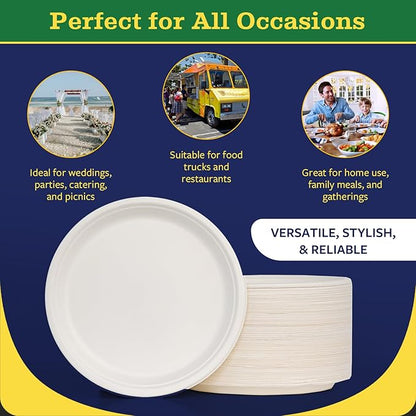 9” Compostable Plates, 125-Pack | Biodegradable Sugarcane | Sturdy, Microwave-Safe Disposable Plates for Parties & Events