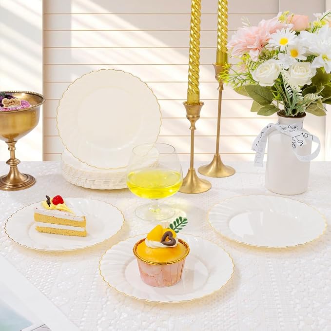 YOUBET 125PCS Ivory Scalloped Plastic Plates - Image 8