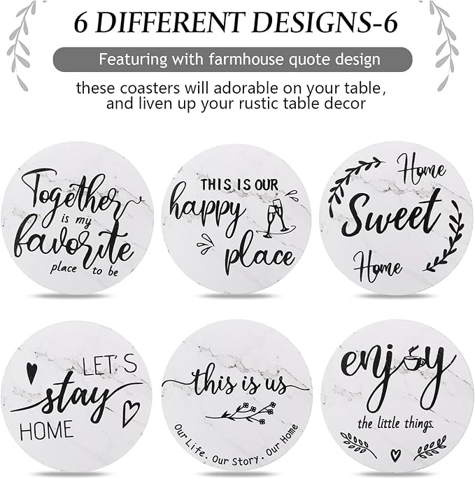 Queekay Coasters Set of 6 House Warming Gifts New Home Wooden Farmhouse Drink - Image 4