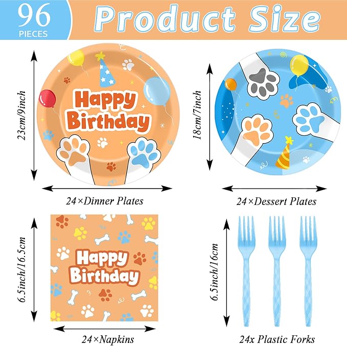 96Pcs Blue Dog Happy Birthday Party Supplies Cartoon Puppy Paper Plates and - Image 2
