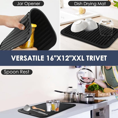 2 Pcs Silicone Trivets Black 16'' X 12'' Nonslip and Heat Resistant Hot Pads Trivets for Hot Pots and Pans Hot Pads for Kitchen(Black)
