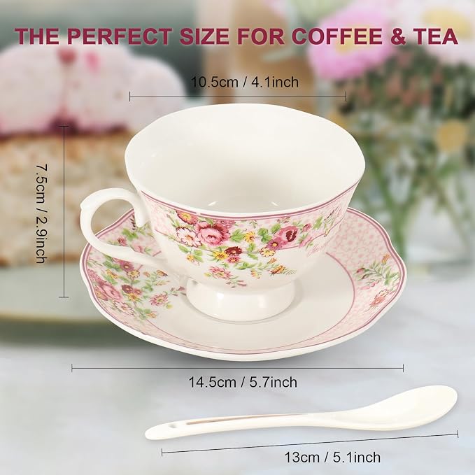 Cup and Saucer Sets of 6 with Spoon, 8oz Ceramic Tea Cups Saucers Set Porcelain - Image 5