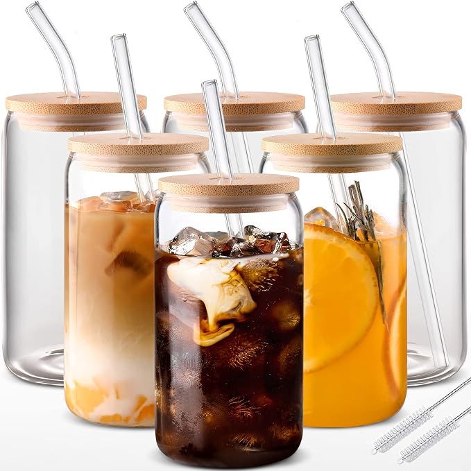 Glass Cups with Lids and Straws 6 pcs, 16 oz-DWTS Cute Tumbler, Beer Drinking by DWTSDANWEITESI