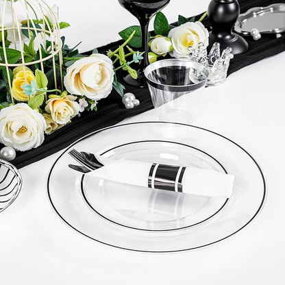 SUT 350 Pcs Black and Clear Plastic Dinnerware Set for 50 Guests, Include: 50 Dinner Plates, 50 Dessert Plates, 50 Pre Rolled Napkins With Silverware, 50 Cups, Disposable Plates for Party