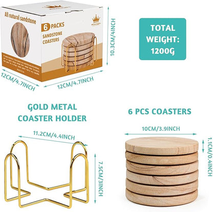 Natural Sandstone Coasters Set of 6 with Holder, 4 in Dia, Round, Heat Resistant & Absorbent, for Home & Office