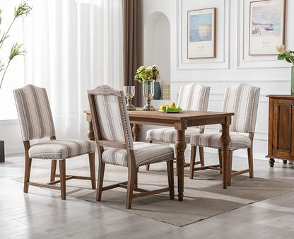 CIMOTA Mid Century Modern Dining Chairs Set of 2, Farmhouse Upholstered Dining Room Chairs Comfortable Kitchen Side Chairs with High Back/Natural Solid Wood Frame, Linen Brown/Beige Stripe