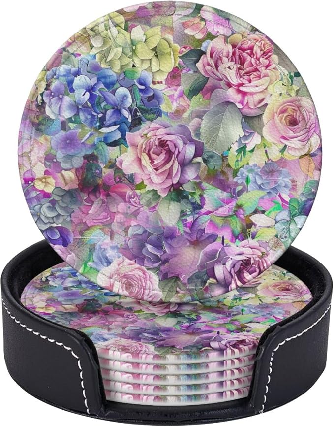 Watercolor Rose Flowers Leather Coasters Set of 6 - Image 2