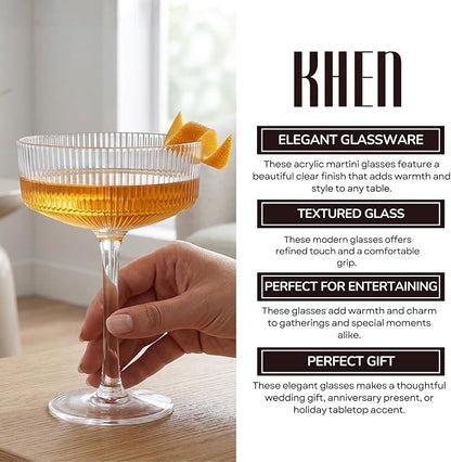 Khen Vintage Art Deco Shatterproof Coupe Martini Cocktail Glasses, 8 oz Clear - Image 5