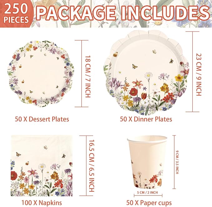 250Pcs Vintage Wildflower Party Supplies - Image 5