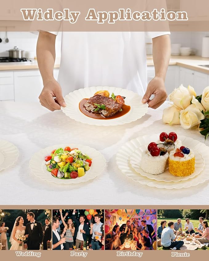 YOUBET 100PCS Ivory Scalloped Plastic Plates - Image 7