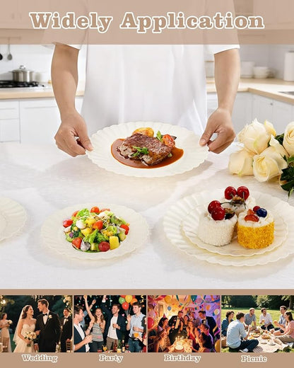 YOUBET 100PCS Ivory Scalloped Plastic Plates - Image 7