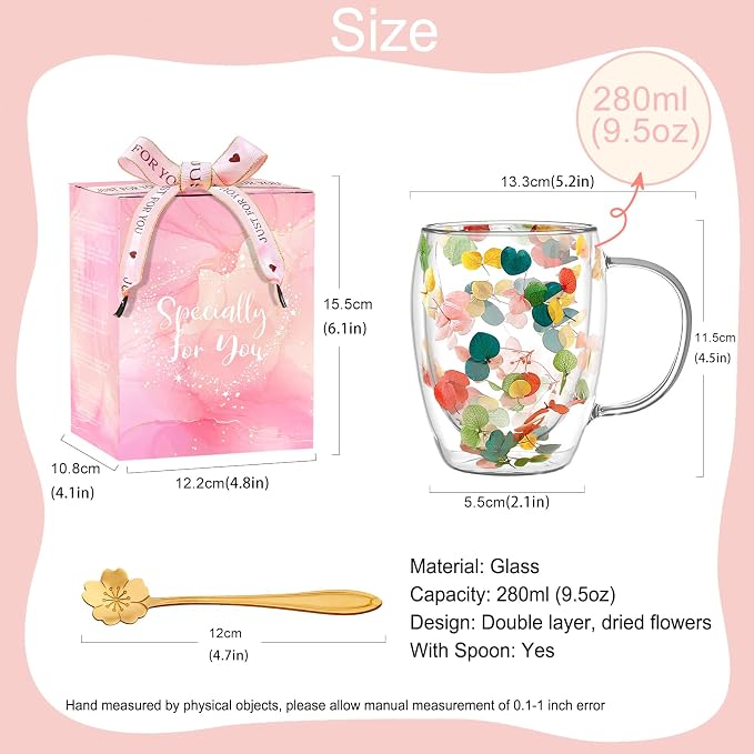 Gifts for Women Dried Flowers Double Wall Glass Coffee Mugs Cute Glass Tea Cups - Image 6