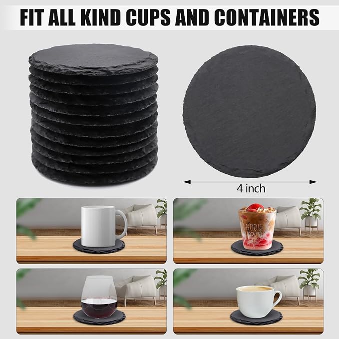 VIBRATITE 24 Pack 4 Inch Round Black Slate Drink Coasters | Laser Engraving - Image 2