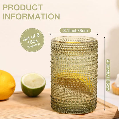 JOVGANK Green Vintage Hobnail Drinking Glasses Set of 6, Water Tumbler 15oz - Image 2