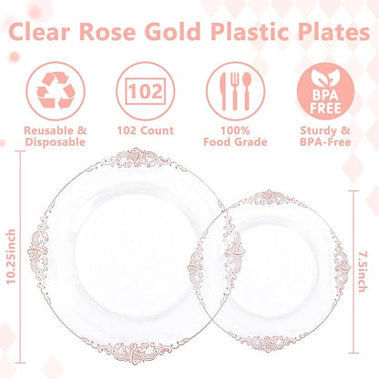 102PCS Rose Gold Plastic Plates - Clear Rose Gold Plate - Heavy Duty Disposable Plates - Fancy Disposable Dinner & Dessert Plate for 51 Guests for Party & Wedding & Valentines